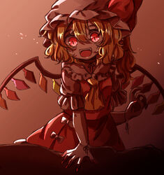  :d ascot blonde_hair bow breasts choker commentary cowboy_shot crystal fangs female fingernails flandre_scarlet frilled_shirt_collar frills glowing glowing_eyes gradient_background hair_between_eyes hat hat_bow highres looking_down mob_cap nail_polish neck_ribbon no_nose one_side_up open_mouth orange_ascot pink_background puffy_short_sleeves puffy_sleeves red_bow red_eyes red_nails red_skirt red_vest ribbon ribbon_choker salt_(seasoning) sharp_fingernails short_hair short_sleeves simple_background skirt skirt_set slit_pupils small_breasts smile solo touhou vest white_bow white_hat wings wrist_ribbon 