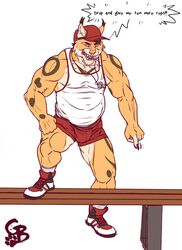  2020 angry anthro baseball_cap bench biceps bottomwear bulge clothing coach felid feline footwear gesture giving_orders goldeyboi hand_gesture hand_on_leg hand_on_thigh hat headgear headwear hi_res lynx male mammal manly mature_male muscular muscular_legs muscular_thighs pecs pointing raised_leg red_baseball_cap red_bottomwear red_clothing red_shorts shirt shoes shorts simple_background sneakers solo tank_top topwear triceps whistle_(object) white_background white_clothing white_shirt white_tank_top white_topwear yelling yellow_eyes 