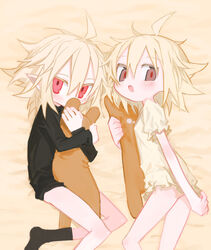  2girls ahoge alternate_costume bed_sheet black_shirt black_socks blonde_hair blush brown_eyes chrogire/girection commentary_request covered_mouth dual_persona feet_out_of_frame foot_out_of_frame frilled_shirt frills from_side highres holding holding_stuffed_toy hugging_object kokaki_mumose long_sleeves looking_at_viewer looking_to_the_side lying messy_hair multiple_girls natsuka_(chrogire) no_pants null-meta on_side open_mouth pointy_ears puffy_short_sleeves puffy_sleeves red_eyes red_pupils shirt short_hair short_sleeves socks stuffed_toy uozumi_kurumi yellow_shirt 