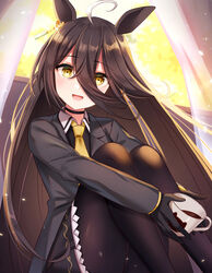  :d absurdres ahoge animal_ears black_hair black_jacket black_pantyhose black_skirt choker coffee collared_shirt commentary cup curtains earrings female glint hair_between_eyes highres holding holding_cup horse_ears hugging_own_legs jacket jewelry knees_up long_hair looking_at_viewer manhattan_cafe_(umamusume) multicolored_hair necktie open_mouth pantyhose shirt single_earring sitting skirt smile solo streaked_hair umamusume umishima_rinta yellow_necktie 