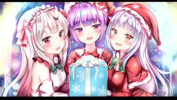  3girls :d absurdres adapted_costume ahoge alternate_costume aqua_hair blunt_bangs blush bow bowtie box braid breasts capelet christmas commentary detached_sleeves dress fangs french_braid gift gift_box grey_hair hair_ribbon hairband hat highres holding holding_box hololive horns letterboxed long_hair looking_at_viewer medium_breasts minato_aqua multicolored_hair multiple_girls murasaki_shion nakiri_ayame nakiri_ayame_(girly) official_alternate_costume open_mouth orange_eyes purple_eyes purple_hair red_bow red_bowtie red_capelet red_dress red_eyes red_hair red_headwear ribbon santa_costume santa_hat shirt skin-covered_horns smile snowflake_print streaked_hair two-tone_hair upper_body virtual_youtuber white_shirt yuano 