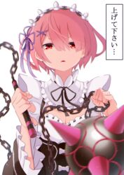  ball_and_chain_(weapon) black_ribbon black_sleeves bow breasts chains cleavage detached_collar detached_sleeves female floating_hair flower hair_between_eyes hair_flower hair_ornament hair_ribbon head_wreath highres holding holding_weapon long_sleeves looking_at_viewer maid motion_blur neck_ribbon open_mouth pink_hair purple_ribbon ram_(re:zero) re:zero_kara_hajimeru_isekai_seikatsu red_eyes ribbon roswaal_mansion_maid_uniform short_hair simple_background small_breasts solo spiked_ball_and_chain underbust upper_body v-shaped_eyebrows weapon white_background white_bow white_flower x_hair_ornament yasehattagi 