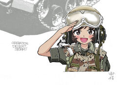  :d akiyama_yukari alternate_costume artist_name brown_eyes brown_hair brown_jacket camouflage commentary_request cropped_torso english_text female girls_und_panzer goggles goggles_on_headwear grey_headwear gulf_war headset helmet jacket looking_at_viewer military military_uniform military_vehicle motor_vehicle nakamura_3sou name_tag one_eye_closed open_mouth operation_desert_storm salute short_hair short_sleeves signature smile solo tank tank_helmet uniform united_states_marine_corps upper_body white_background 