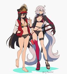  2girls absurdly_long_hair ahoge asaya_minoru barefoot bikini black_bikini black_footwear black_gloves black_hair black_headwear breasts brown_eyes cleavage closed_mouth colored_shadow crest family_crest fate/grand_order fate_(series) frilled_bikini frills gloves grey_background grey_hair hair_between_eyes hand_in_pocket hand_up hat headphones headphones_around_neck holding jacket jeanne_d&#039;arc_alter_(fate) jeanne_d&#039;arc_alter_(swimsuit_berserker)_(fate) katana letterman_jacket long_hair long_legs long_sleeves looking_at_viewer medium_breasts multiple_girls o-ring o-ring_bikini o-ring_bottom o-ring_top oda_nobunaga_(fate) oda_nobunaga_(swimsuit_berserker)_(fate) oda_nobunaga_(swimsuit_berserker)_(first_ascension)_(fate) oda_nobunaga_(swimsuit_berserker)_(second_ascension)_(fate) oda_uri open_clothes open_jacket peaked_cap purple_legwear red_jacket sandals shadow sheath sheathed shrug_(clothing) single_thighhigh standing standing_on_one_leg swimsuit sword thighhighs twitter_username very_long_hair weapon 