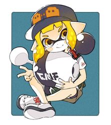  bad_id bad_twitter_id black_headwear blonde_hair blue_background border closed_mouth comamawa female full_body grey_shorts gun hat head_tilt highres holding holding_gun holding_weapon hug inkling inkling_girl inkling_player_character looking_at_viewer pointy_ears shirt shoes short_hair short_sleeves shorts simple_background sitting smile splatoon_(series) splatoon_2 v weapon white_border white_footwear white_shirt yellow_eyes 