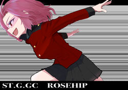  :d absurdres black_skirt cosplay emphasis_lines epaulettes female from_side girls_und_panzer highres jacket letterboxed long_sleeves medium_hair military military_uniform miniskirt open_mouth oritako outside_border pleated_skirt red-tinted_eyewear red_eyes red_hair red_jacket rimless_eyewear rosehip_(girls_und_panzer) running scryed skirt smile solo st._gloriana&#039;s_military_uniform straight_cougar straight_cougar_(cosplay) sunglasses tinted_eyewear uniform 