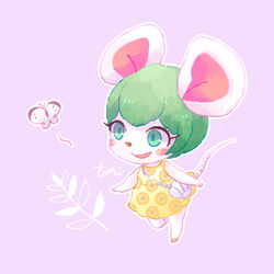  animal_crossing animal_ears artist_name bag blush bree_(animal_crossing) bug butterfly female furry furry_female green_eyes green_hair highres mata mouse_ears mouse_girl mouse_tail open_mouth purple_background solo tail 