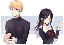  1boy black_hair blonde_hair blue_eyes breasts closed_mouth commentary female gakuran heart highres juugonichi_(wheeliex2) kaguya-sama_wa_kokurasetai_~tensai-tachi_no_renai_zunousen~ long_hair long_sleeves looking_at_another md5_mismatch parted_hair red_eyes school_uniform shinomiya_kaguya shirogane_miyuki short_hair shuuchiin_academy_school_uniform sidelocks small_breasts upper_body 