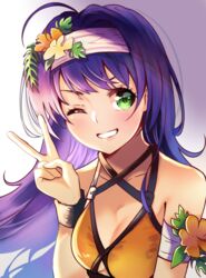  ahoge armband bikini blush breasts cleavage commentary criss-cross_halter eyelashes female fire_emblem fire_emblem:_path_of_radiance fire_emblem:_radiant_dawn fire_emblem_heroes flower green_eyes grin hair_flower hair_ornament hairband halterneck highres long_hair looking_at_viewer medium_breasts mia_(fire_emblem) mia_(summer)_(fire_emblem) one_eye_closed orange_bikini purple_hair satuki_(jo4pr8) simple_background smile solo swimsuit underboob upper_body v white_background wristband 