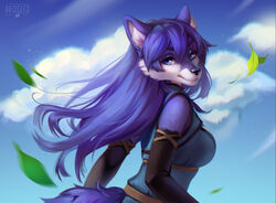  anthro avocado_seed black_nose blue_eyes breasts canid canine canis clothed clothing digital_media_(artwork) female fur hair long_hair lucia_(grey_wolf_570) mammal purple_body purple_fur purple_hair solo wolf 