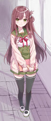  beige_cardigan book breasts brown_hair cardigan commentary female folded_hair full_body gakkou_gurashi! green_sailor_collar green_skirt green_thighhighs hair_ornament hairclip large_breasts long_hair looking_at_viewer megurigaoka_high_school_uniform mitsuyo_(mituyo324) mole mole_under_eye open_cardigan open_clothes pleated_skirt sailor_collar school_uniform serafuku shoes skirt smile solo thighhighs uwabaki wakasa_yuuri window yellow_eyes 