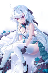  absurdres ahoge bad_id bad_pixiv_id black_gloves blue_flower blue_rose breasts cleavage closed_mouth eyelashes female flower gloves hair_between_eyes highres hugging_own_legs large_breasts leotard long_hair looking_at_viewer original red_eyes rose shichigatsu simple_background solo thighhighs very_long_hair white_background white_hair white_leotard white_thighhighs 