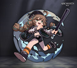  :d absurdres ahoge arknights baseball_bat belt beret black_footwear black_hat black_jacket black_shirt braid brown_hair cuora_(arknights) female full_body green_eyes hat highres holding holding_baseball_bat jacket lataedelan letterman_jacket long_hair long_sleeves navel open_mouth orange_legwear shirt shoes shorts smile sneakers solo teeth twin_braids 