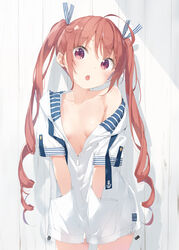  :o ahoge blush breasts collarbone commentary_request drill_hair fanbox_reward female hair_ribbon hands_in_pockets hazuki_watora highres jacket kani_biimu long_hair looking_at_viewer naked_jacket oerba_yun_fang open_mouth original paid_reward red_eyes red_hair ribbon short_sleeves small_breasts solo standing twin_drills twintails wavy_hair 