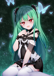  :d animal bare_shoulders between_legs black_collar black_dress black_ribbon blue_butterfly blush breasts bug butterfly chains chrisandita collar commentary dress earrings female frilled_thighhighs frills green_hair hair_ribbon hand_between_legs hand_up highres hololive jewelry long_hair looking_at_viewer official_alternate_costume open_mouth red_eyes ribbon see-through shaded_face short_dress sitting skull skull_earrings small_breasts smile solo thighhighs twitter_username two_side_up uruha_rushia uruha_rushia_(3rd_costume) virtual_youtuber wariza white_thighhighs 