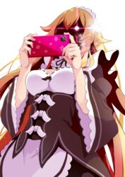  apron black_ribbon blonde_hair blurry blurry_foreground bow breasts cellphone detached_collar female frederica_baumann from_below highres holding holding_phone long_hair long_sleeves maid maid_headdress medium_breasts neck_ribbon phone re:zero_kara_hajimeru_isekai_seikatsu ribbon roswaal_mansion_maid_uniform simple_background smartphone solo standing very_long_hair waist_apron white_apron white_background white_bow wide_sleeves yasehattagi 