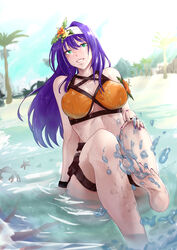  absurdres bare_legs barefoot beach bikini blue_sky breasts cleavage commentary crab day english_commentary female fire_emblem fire_emblem:_path_of_radiance fire_emblem:_radiant_dawn fire_emblem_heroes flower full_body green_eyes grin hair_between_eyes hair_flower hair_ornament hairband highres large_breasts light_rays lips long_hair looking_at_viewer mia_(fire_emblem) mia_(summer)_(fire_emblem) midriff nail_polish ocean orange_bikini outdoors palm_tree partially_submerged pouch purple_hair purple_nails sitting sky smile solo splashing starfish sunlight swimsuit thigh_pouch thigh_strap toenail_polish toenails tree vialnite water wet wristband 