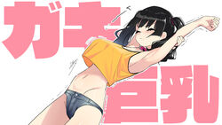  armpits arms_up artist_name bare_arms bare_shoulders black_hair blush breasts buckle camisole clenched_hand closed_eyes closed_mouth collar copyright_name cowboy_shot crop_top crop_top_overhang denim denim_shorts duplicate female from_side frown gaki_kyonyuu grey_shorts groin hair_tie hand_on_own_arm highres kaedeko_(kaedelic) large_breasts medium_hair micro_shorts midriff navel oppai_loli pink_collar pixel-perfect_duplicate sasaki_kanna_(kaedeko) shirt short_shorts shorts signature simple_background solo spaghetti_strap standing stomach stretching thighs trembling twintails v-shaped_eyebrows wavy_hair white_background wince yellow_camisole 