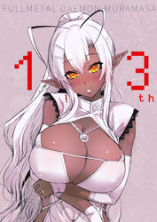  anniversary antenna_hair blush breasts cleavage female jewelry kouki_kuu large_breasts long_hair looking_at_viewer necklace open_mouth pointy_ears sansei_muramasa solo soukou_akki_muramasa white_hair yellow_eyes 