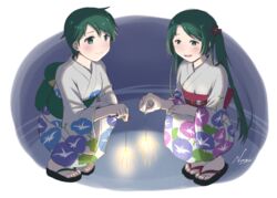  2girls commentary_request fireworks floral_print green_eyes green_hair japanese_clothes kantai_collection kimono long_hair mikuma_(kancolle) mogami_(kancolle) morning_glory_print multiple_girls nao_(nao_eg) sandals senkou_hanabi short_hair sparkler squatting swept_bangs twintails yukata zouri 