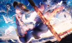  arms_up artist_name bird black_hat blue_hair blue_skirt blue_sky blurry blurry_foreground bow bowtie cloud commentary cowboy_shot day dove dress english_commentary female fisheye floating_hair floating_island food from_side fruit hat highres hinanawi_tenshi layered_dress leaf long_hair looking_to_the_side looking_up outdoors own_hands_clasped own_hands_together parted_lips peach petticoat photoshop_(medium) planted planted_sword praying puffy_short_sleeves puffy_sleeves red_bow red_bowtie red_eyes shirt short_sleeves skirt sky solo standing sword sword_of_hisou tonan_(l0l0l0l0l0l) touhou very_long_hair weapon white_shirt wind wind_lift 