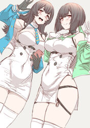  2girls absurdres atago_(blue_oath) black_gloves black_hair blue_jacket blue_neckwear blue_oath blush bob_cut breasts cellphone cleavage commentary_request dress duplicate gloves green_jacket green_neckwear grey_background highres holding holding_phone jacket large_breasts long_hair multiple_girls off_shoulder open_mouth phone pixel-perfect_duplicate short_hair simple_background smartphone smile takao_(blue_oath) v white_dress white_gloves whoosaku 