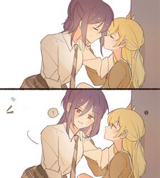  ! 2girls bad_id bad_pixiv_id bang_dream! blonde_hair blush closed_eyes commentary_request imminent_kiss looking_at_another looking_at_viewer multiple_girls necktie parted_lips purple_eyes purple_hair red_eyes seri_(vyrlw) seta_kaoru shirasagi_chisato spoken_exclamation_mark squiggle teeth yuri 