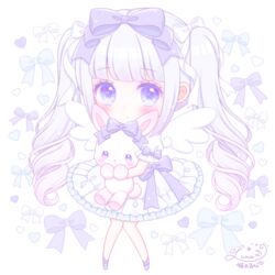  blush bow chibi closed_mouth commentary_request dress female full_body gradient_hair grey_hair hairbow heart heart_background himetsuki_luna hugging_object knees_together_feet_apart long_hair multicolored_hair original pink_hair puffy_short_sleeves puffy_sleeves purple_bow purple_eyes purple_footwear ringlets shoes short_sleeves sidelocks simple_background solo stuffed_animal stuffed_rabbit stuffed_toy twintails very_long_hair white_background white_bow white_dress white_wings wings 