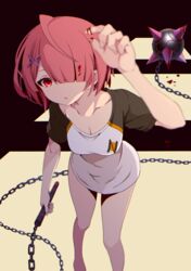  ball_and_chain_(weapon) bare_legs barefoot black_sleeves blood blood_in_hair blood_on_hands blood_splatter blunt_bangs blurry blurry_foreground borrowed_clothes breasts cleavage collarbone female hair_ornament hair_over_one_eye highres holding holding_weapon leaning_forward medium_breasts open_mouth pink_hair ram_(re:zero) re:zero_kara_hajimeru_isekai_seikatsu red_eyes shirt short_hair short_sleeves solo spiked_ball_and_chain standing weapon white_shirt x_hair_ornament yasehattagi 