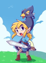  2022 annoyed avian beak blonde_hair breath_of_the_wild clothing cloud day duo ear_piercing ear_ring elf fingerless_gloves footwear gloves grass hair handwear hi_res holding_melee_weapon holding_object holding_sword holding_weapon humanoid humanoid_pointy_ears hylian light_body light_skin male master_sword melee_weapon minish_cap nintendo open_mouth piercing plant ponytail revali ring_piercing rito sword the_legend_of_zelda toon_link weapon wind_waker yuki_oto 