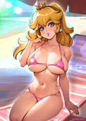  alternate_breast_size arm_support bare_arms bare_shoulders beach beach_chair bikini blonde_hair blue_eyes breasts commentary_request crown day earrings female hand_up head_tilt highres jewelry large_breasts lipstick long_hair looking_at_viewer makeup mario_(series) navel outdoors oyaman parted_lips pink_bikini pink_lips princess_peach single_earring sitting skindentation solo stomach sunlight swimsuit twitter_username 