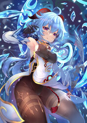  ahoge amos&#039;_bow_(genshin_impact) black_gloves bodystocking bow_(weapon) breasts detached_sleeves female ganyu_(genshin_impact) genshin_impact gloves goat_horns hair_between_eyes highres holding holding_bow_(weapon) holding_weapon horns long_hair looking_at_viewer medium_breasts pantyhose signature solo thighs weapon xephonia 