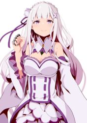  blunt_bangs braid brass_knuckles breasts cleavage closed_mouth crown_braid detached_collar detached_sleeves emilia_(re:zero) female flower hair_flower hair_ornament hair_ribbon highres layered_skirt long_hair long_sleeves medium_breasts purple_eyes purple_ribbon re:zero_kara_hajimeru_isekai_seikatsu ribbon simple_background skirt smile solo standing very_long_hair weapon white_background white_flower white_hair white_skirt white_sleeves x_hair_ornament yasehattagi 