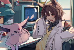  absurdres agnes_tachyon_(umamusume) ahoge animal_ears bad_id bad_pixiv_id black_necktie black_pantyhose book bookmark brown_hair chair commentary computer computer_keyboard crossover crt daiwa_scarlet_(umamusume) desk english_commentary espeon female from_side fuyukayui hair_between_eyes highres horse_ears horse_girl indoors lab_coat leaning_on_object monitor necktie one_eye_closed open_mouth orange_eyes oversized_clothes pantyhose photo_(object) pidgey pokemon pokemon_(creature) pokemon_(game) porygon shade short_hair short_necktie sitting sleeves_past_fingers sleeves_past_wrists sunlight sweater umamusume upper_body video_game window yawning yellow_sweater 