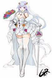  absurdres blue_hair blush bouquet breasts cleavage dress female flower full_body highres last_origin looking_at_viewer purple_eyes rowkiba simple_background smile solo sword thighhighs tiamat_(last_origin) weapon wedding_dress white_background white_thighhighs 