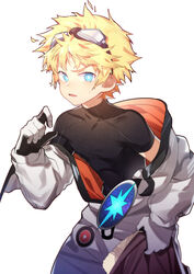  1boy absurdres black_shirt blonde_hair blue_eyes commentary cowboy_shot fate/grand_order fate/requiem fate_(series) gloves goggles goggles_on_head highres male_focus off_shoulder shirt simple_background solo sora_(zwz030) spacesuit symbol-only_commentary voyager_(fate) voyager_(third_ascension)_(fate) white_background white_gloves 