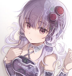  android commentary copyright_name criss-cross_halter detached_sleeves expressionless female hair_ornament halterneck hands_up highres joints looking_at_viewer purple_eyes purple_hair purple_sleeves see-through shadow short_hair_with_long_locks sidelocks solo upper_body vocaloid voiceroid white_background yasuhara_roku yuzuki_yukari 