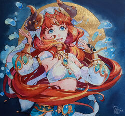  2023 artist_name blue_bow blue_eyes blue_tube_top bow breasts commentary fake_horns female floating_hair forehead_jewel genshin_impact halterneck harem_outfit highres horns long_hair low_twintails midriff moon nilou_(genshin_impact) open_hands open_mouth painting_(medium) parted_bangs philiera red_hair russian_commentary shrug_(clothing) small_breasts smile solo strapless traditional_media tube_top twintails veil very_long_hair water watercolor_(medium) 