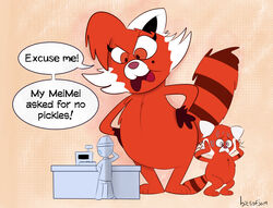  ailurid ambiguous_gender angry anthro asked_for_no_pickles bitsofjam bodily_fluids dialogue disney embarrassed english_text female fur group human looking_down mammal markings meilin_lee_(turning_red) ming_lee_(turning_red) mole_(marking) pixar red_body red_fur red_panda size_difference sweat text trio turning_red 