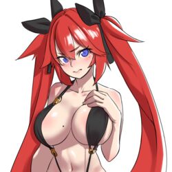  3: beeeeen black_slingshot_swimsuit blue_eyes blush breasts female hair_between_eyes hair_ribbon korean_commentary large_breasts last_origin may_of_doom mole mole_on_breast official_alternate_costume red_hair ribbon simple_background slingshot_swimsuit solo swimsuit twintails white_background 