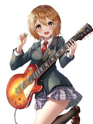  absurdres bad_id bad_pixiv_id black_socks blazer blush brown_eyes brown_hair cable electric_guitar female gibson_brands_inc gibson_les_paul guitar hair_ornament hairclip highres hirasawa_yui instrument jacket k-on! kerno loafers necktie no_thank_you!_(k-on!) plaid plaid_skirt pleated_skirt plectrum red_necktie sakuragaoka_high_school_uniform school_uniform shoes short_hair skirt smile socks solo white_background winter_uniform 