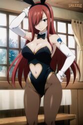  1girls ai_generated arm_tattoo big_breasts black_bow black_bowtie bow bowtie bunny_ears bunnysuit curtains detached_collar elbow_gloves erza_scarlet fairy_tail hair_over_one_eye indoors long_hair playboy_bunny rabbit_ears red_hair snazzle solo stable_diffusion tattoo white_gloves 