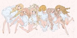  6+girls absurdres arms_up bare_legs barefoot commentary_request curly_hair dress drill_hair frilled_sleeves frills highres inata17ta long_hair long_sleeves looking_at_viewer lying multiple_girls on_back open_mouth original profile short_hair short_sleeves smile very_long_hair white_dress 