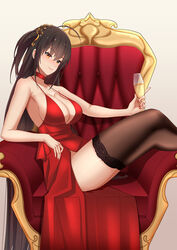  ahoge azur_lane bare_shoulders black_hair black_thighhighs blush breasts chair champagne_flute chinese_commentary choker cleavage cocktail_dress commentary cup dress drinking_glass female hair_between_eyes hair_ornament highres holding holding_cup large_breasts lenxiao long_hair looking_at_viewer official_alternate_costume photoshop_(medium) red_choker red_dress red_eyes sitting smile solo taihou_(azur_lane) taihou_(forbidden_feast)_(azur_lane) thighhighs thighs very_long_hair 