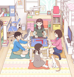  1boy 3girls aqua_sweater ball baseball_bat bedroom black_legwear block_(object) blue_hoodie blue_skirt bob_cut book bookshelf brown_dress brown_hair calendar_(object) cameo chair character_print character_request clock commentary cushion desk desk_lamp donjara drawer dress feline furrowed_brow glasses green_shirt hairband hand_on_another&#039;s_chin hood hoodie indian_style indoors jibanyan kiyo_(kyokyo1220) lamp loft_bed long_hair mahjong mahjong_tile multiple_girls office_chair open_mouth original photo_(object) photoshop_(medium) picture_frame pikachu pink_shirt pokemon pokemon_(creature) rug shirt short_hair short_twintails sitting skirt soccer_ball socks striped_clothes striped_shirt stroking_another&#039;s_chin sweater swivel_chair table television themed_object trash_can turtleneck twintails wariza white_legwear window youkai_watch 