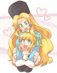  2girls :d arms_around_neck blonde_hair blue_coat blunt_bangs blush bow coat commentary_request cropped_torso earrings fur_hat gloves green_eyes hairbow hat heart hug hug_from_behind jewelry kalinka_cossack_(mega_man) long_hair mega_man_(classic) mega_man_(series) mega_man_11 multiple_girls open_mouth rockman_xover roll_(mega_man) sidelocks smile tobitori ushanka yuri 