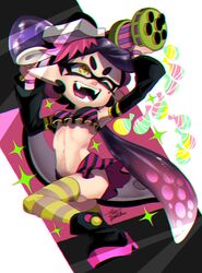  :d ;d alternate_costume arms_up black_footwear boots breasts burst_bomb_(splatoon) callie_(splatoon) chromatic_aberration commentary_request detached_sleeves earrings fangs female food food_on_head gradient_hair hair_rings highres inkling isamu-ki_(yuuki) jewelry long_hair long_sleeves mini_splatling_(splatoon) miniskirt mole mole_under_eye multicolored_hair navel object_on_head one_eye_closed open_mouth pink_hair pointy_ears purple_hair signature skirt small_breasts smile solo sparkle splatoon_(series) striped_clothes striped_skirt striped_thighhighs suction_cups teeth tentacle_hair thighhighs two-tone_hair v-shaped_eyebrows very_long_hair wristband yellow_eyes 