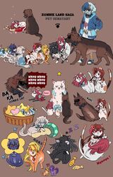  !? ahoge anger_vein animal animalization bandages basket blonde_hair blood blue_hair bow bowtie brown_background canine cherry_blossoms collar commentary copyright_name da_huang english_text feline fish flower gou_takeo heart heart_hair hoshikawa_lily kirishima_reiko_(zombie_land_saga) konno_junko light_blue_hair light_green_hair long_hair look-alike minamoto_sakura missing_eye mizuno_ai multicolored_hair mushroom my_little_pony nikaidou_saki orange_hair paw_print personification pet_sematary ponytail romero_(zombie_land_saga) scar simple_background slapping sleeping spiked_collar spikes streaked_hair sunglasses symbol-only_commentary tatsumi_koutarou yamada_tae yuugiri_(zombie_land_saga) zombie zombie_land_saga zzz 