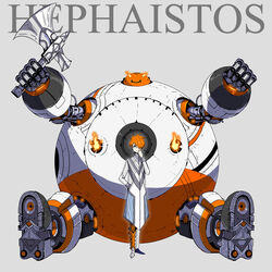  1boy adjusting_eyewear axe blue_eyes character_name commentary_request fire full_body glasses greek_mythology grey_background hair_over_one_eye hand_in_pocket hephaistos highres lab_coat looking_at_viewer male_focus mecha_danshi official_art orange_hair orb palow photoshop_(medium) prosthesis prosthetic_leg robot shinwa_sousei_rpg_amadeus sitting solo 