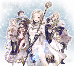  4boys 4girls :d ^_^ alfyn_greengrass arm_at_side arm_up armor backpack bag bare_shoulders belt black_gloves black_hair black_headwear black_pants black_scarf blonde_hair blue_background blue_fire blush book boots bracer braid breasts brown_eyes brown_gloves brown_hair cape capelet cleavage closed_eyes closed_mouth commentary_request copyright_name crop_top cropped_vest cyrus_albright dancer dress earrings elbow_gloves expressionless fingerless_gloves fire forehead frilled_sleeves frills fringe_trim fur-trimmed_gloves fur_boots fur_capelet fur_trim gauntlets gloves green_eyes grey_cape h&#039;aanit_(octopath_traveler) hair_between_eyes hand_on_own_head hand_on_own_hip hat_feather high_heels highres holding holding_book holding_staff jewelry knee_boots lantern long_hair looking_at_viewer looking_back low_ponytail medium_breasts medium_hair midriff mole mole_under_mouth multiple_boys multiple_girls navel necklace octopath_traveler octopath_traveler_i off_shoulder olberic_eisenberg open_book open_mouth ophilia_clement pants parted_bangs pauldrons pelvic_curtain ponytail primrose_azelhart puffy_short_sleeves puffy_sleeves revealing_clothes sandals scarf short_sleeves shoulder_armor single_braid small_breasts smile snow_leopard snowing staff stomach takatora therion_(octopath_traveler) thighlet tressa_colzione vest white_dress white_hair 